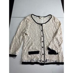 ISSI Cream Lace Cardigan Black Trim Button‎ Down Long Sleeve Elegant